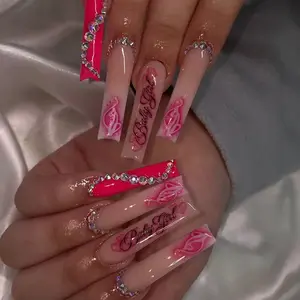 Balé longo para manicure, profissional, pontas de unhas falsas, cobertura completa, balerina, strass, artificial, remendo para unhas