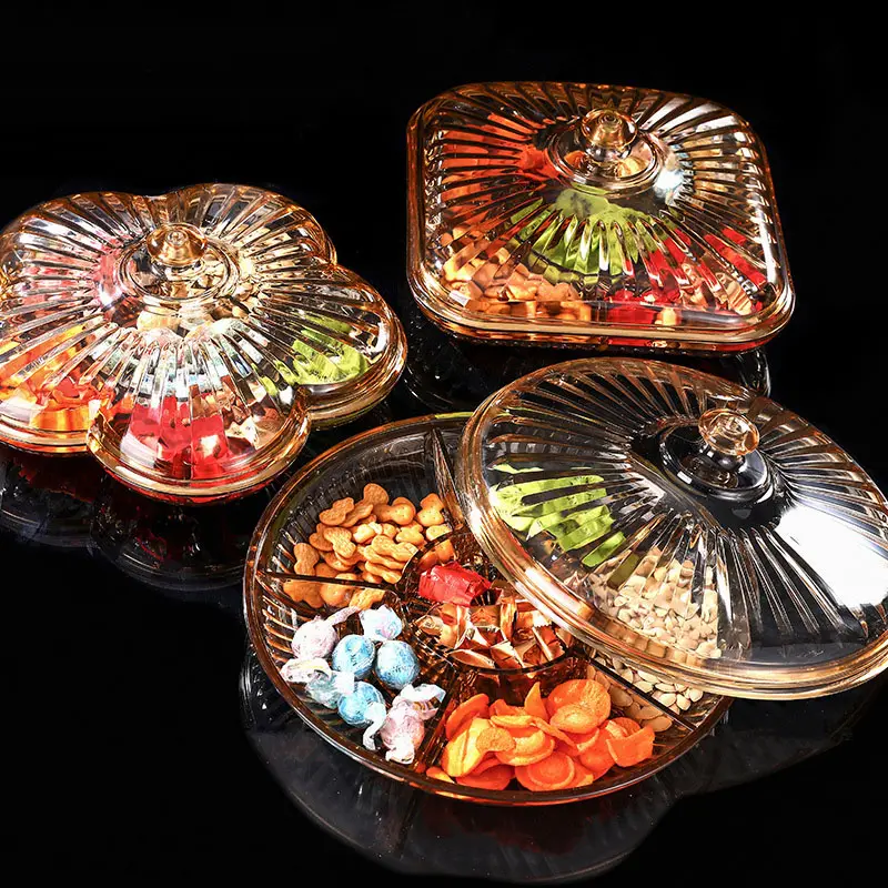 Clear Acrylic Snack Tray Candy Nut Dry Fruit Plate with Lid