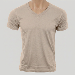 Camiseta de Cuello en V para Hombre, Manga Corta, 100% Algodón, Tejido de Punto, Corte Regular, Color Sólido, Estilo Casual - Product Image 1