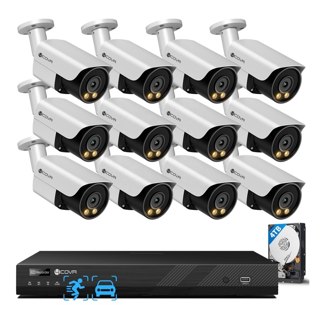 4COVR 12Pcs 8Mp 16-Channel PoE NVR Camera System 4K Poe 2-Way Audio Wired Full Color AI Face Detection Night Vision Surveillance