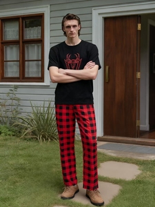 स्पाइडर प्रिंट आकस्मिक फैशन शॉर्ट आस्तीन शीर्ष और प्लेड पैंट पुरुषों पाजामा सेट बुना थर्मल लुभावनी - Product Image 2