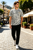 T-shirt décontracté à col rond imprimé marbre gris avec logo lettre en strass doré, manches courtes, pour homme, basique quotidien