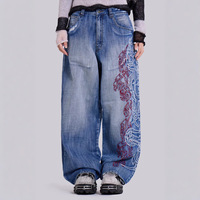 Jean décontracté à jambe large, coupe bootcut, brodé, style rétro floral vintage européen et américain, taille mi-haute, coupe droite et ample, style Y2K, pour le streetwear
