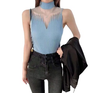 Femmes été Slim-Fit <span class=keywords><strong>sans</strong></span> manches gilet en gros rétro demi-col haut <span class=keywords><strong>pull</strong></span> haut <span class=keywords><strong>tricot</strong></span>é mince armure creux Camisole Design - Product Image 1