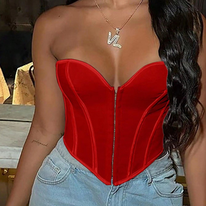 Top Corsetto con Zip Frontale in Velluto Rosso per Donne, Bustier Sexy Aderente e Modellante - Product Image 1
