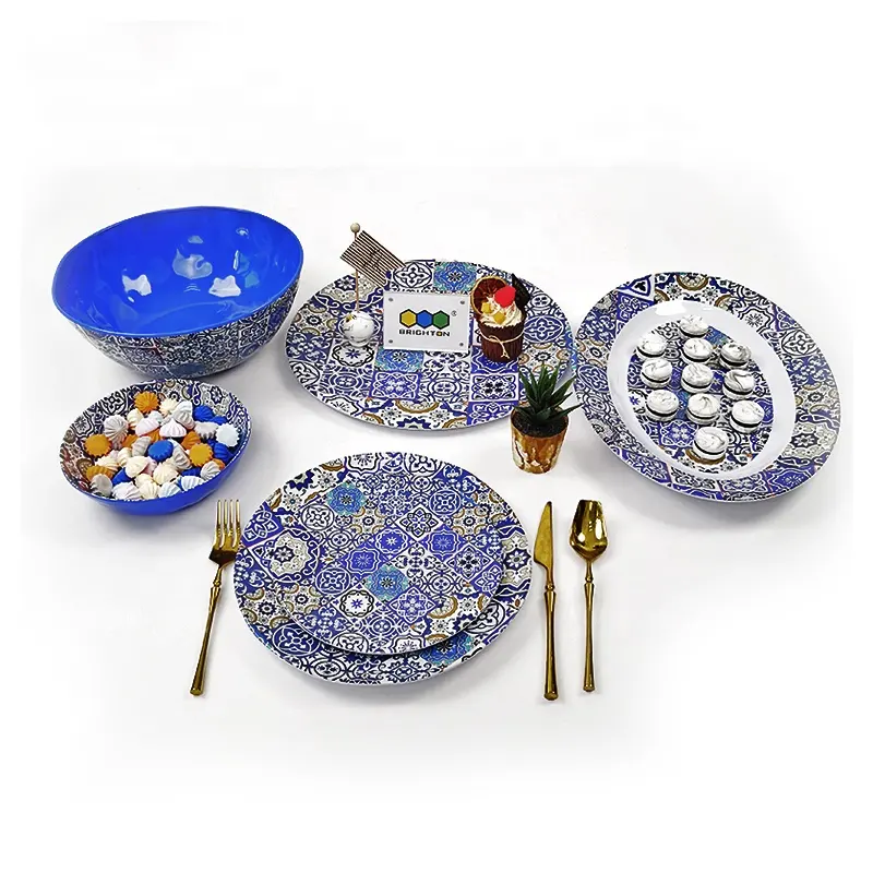 Оптовая Продажа Новый дизайн синий Меламиновый Овальный сервировочный лоток круглая тарелка и чаша набор посуды для вечеринки