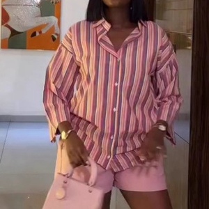 Women's New Style Loose-Fit Elegant Cardigan Striped Shirt Shorts African New Style 2-Piece <b>Set</b> Fashion - Product Image 2