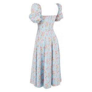 MANNI cravatta manica a sbuffo Bustier con scollo quadrato a spacco floreale abiti Midi causali - Product Image 3