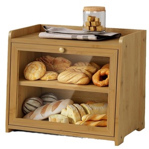 Bamboo Bread <b>Storage</b> Box Double Layer Transparent <b>Acrylic</b> Cover Kitchen Desktop Organizer - Product Image 3