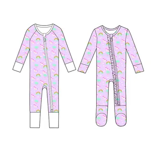 B2B Custom Bamboo Baby Girl Clothes 95% Bamboo Sleeper Infant Zip up Footsie Onesies with Ruffles INS Style Rompers