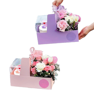 Boîte à gâteau florale portable, boîte à bouquet en papier avec fenêtre transparente et nœud en ruban pour emballage cadeau de roses et cupcakes - Product Image 1