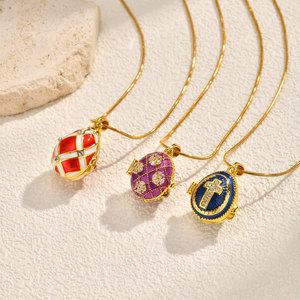 Collana Vintage con Ciondolo a Forma di Uovo di Pasqua Ovale in Rame Colorato, Croce Rossa e Bianca a Quadretti, Regolabile per la Festa di Pasqua - Product Image 3
