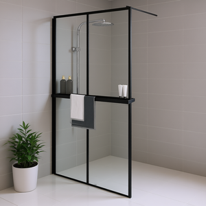 Walk In Shower Wall 31.5x76.8 Inches ESG Glass Aluminum <b>Frame</b> With Shelf Minimalist Design - Product Image 2