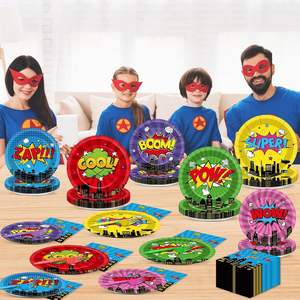 Assiettes, serviettes et fourchettes de fête super-héros multicolores en papier, décorations d'anniversaire héros de bande dessinée, vaisselle à thème <span class=keywords><strong>action</strong></span> - Product Image 2