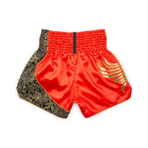 Pantalones Cortos de Muay Thai Unisex Rojos y Negros de Satén con Bordado de Dragón Dorado, Pantalones de Entrenamiento de Kickboxing, Equipo de Combate - Product Image 3