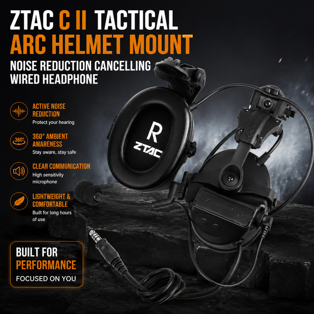 ZTAC C II Tactical ARC Helmet Mount Noise Reduction Cancelling Wired Headphone Amp Ear-hook LED Indicator IPX-6 Waterproof