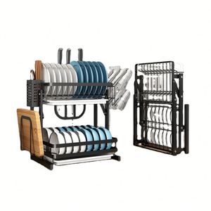 Stainless Steel 2-Layer Kitchen <b>Racks</b> Shelf Storage Foldable Shelf <b>Rack</b> <b>Plate</b> Bowl Dish <b>Rack</b> - Product Image 1