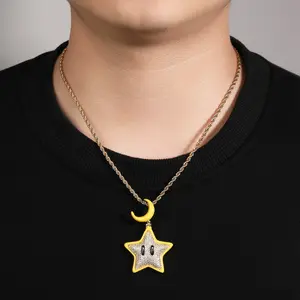 Perhiasan modis lucu gaya kartun Iced Out Cz berlian bulan bintang kalung liontin menyala dalam gelap