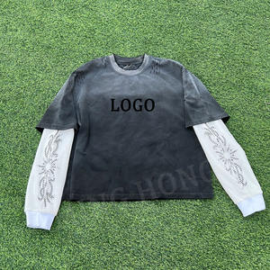 Custom High-Quality Rhinestone Tee Double Layer Long Sleeve Washed <b>Tshirt</b> - Product Image 1