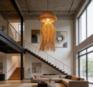 Lámpara de Techo LED de Ratán Natural Tejida a Mano, <span class=keywords><strong>Luz</strong></span> Blanca Cálida Regulable, Pantalla Creativa con Forma de Medusa para Iluminación de Villas y Hoteles de Lujo - Product Image 1