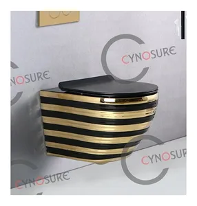 Custom Printing Luxury Black Golden Plated Ceramic Wc Toilet Wall Hung Bathroom Sanitary Commode Wall Mounted Hanging Toilet