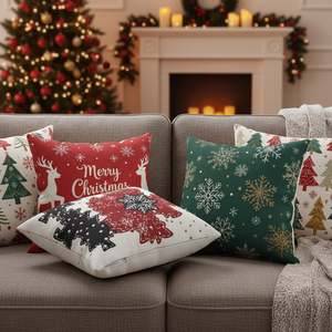 Juego de 4 Fundas de Almohada con Estampado de Doble Cara con Tema Navideño de 18 x 18 Pulgadas, con 8 Diseños de Árboles y Copos de Nieve 'Feliz Navidad' - Product Image 3