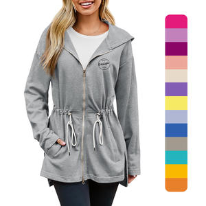 Sweats à capuche personnalisés avec cordon de serrage pour femmes, col en V avec fermeture éclair, sweats à capuche ajustés et lourds, sweats à capuche longs et solides à cordon de serrage à la mode pour femmes - Product Image 1