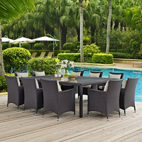 Meubles de patio extérieurs de style ferme contemporaine, tables et chaises avec plateau en verre turquoise, en rotin PE pour hôtel, appartement, terrasse