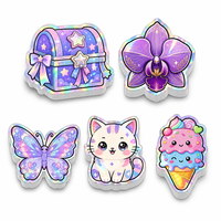 Autocollants personnalisés holographiques découpés à la forme, imperméables, autocollants mignons Kawaii, dessin animé, crème glacée, chat pour journal, bouteille, scrapbooking