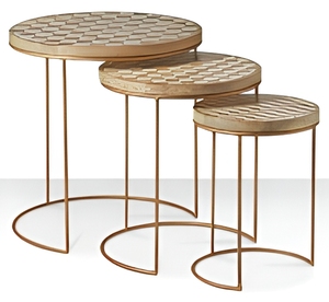 Set of Three Nesting <b>Side</b> <b>Tables</b> with Wood Bone Inlay Checkerboard Tops and <b>Gold</b> Metal Frames Modern Decorative Accent Furniture - Product Image 1