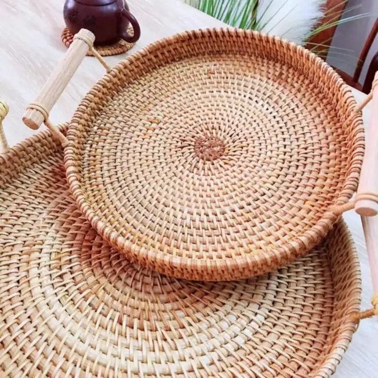 家庭用収納用のフルーツパン織りラウンド籐バスケットトレイを提供するECOフレンドリーな天然籐の装飾