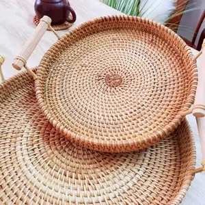 ECO Friendly Natural Wicker Decor Serving Fruit Bread Woven Round Rattan Basket Tray For Home Storage