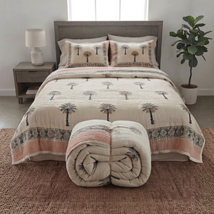 Handmade Cotton Palm Tree Print Reversible Kantha <b>Quilt</b> Bedspread Boho <b>Bedding</b> Blanket FABRIA CK-005 All-Season Lightweight - Product Image 1