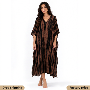 Vestido Maxi Bohemio para Mujer, Color Marrón Tie-Dye, 100% Algodón Tejido, Largo hasta el Suelo, Cuello en V, Hombros Descubiertos, Corte Moderno, Ecológico, Hecho a Mano - Product Image 1