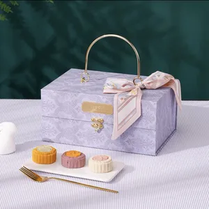 Fancy Printed Moon Cake Holiday Dessert Hand Bag Gift Box High Quality Recycled Luxury Mooncake Packaging Gift Box with Handle