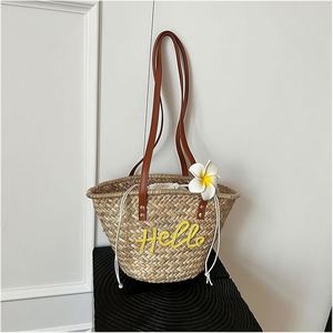 Sacs cabas en paille personnalisables avec nom, sacs de plage tissés à la main, mignons, décontractés, couleurs unies, pour femmes - Product Image 2