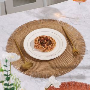 Napperon de table moderne et minimaliste en papier écologique, couleur unie, isolant thermique et anti-brûlure, avec dentelle tissée à pompons – Meilleure vente - Product Image 2