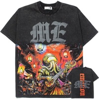 T-shirt noir délavé style vintage Mixed Emotions, avec motifs pieuvre, plongeur, ange et strass, coupe oversize, coton épais, taille U