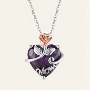 Mom Love Rose Heart 925 Sterling Silver Pendant Jewelry Mother'S Day Classic Purple CZ Heart Shape Simple Crystal Necklace