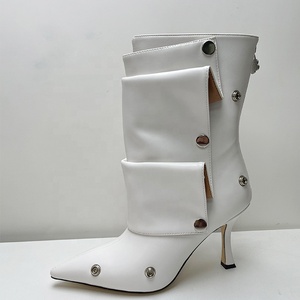 Metal Rivets Loose Pleated Upper Shoes Thin High Heels Pointed Toe Denim Ankle Boots Women's Wide Fit Short <b>Booties</b> - Product Image 2