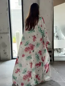 Abaya Aperta sul Davanti per Donne Musulmane, Maniche Lunghe, Caftani, Vestiti Lunghi, Jilbab Mediorientale con Stampa Floreale + Hijab, Set 2 Pezzi - Product Image 5