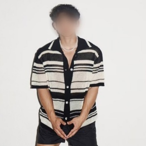 Cardigan décontracté à manches courtes en maille style américain pour homme, col polo, ajouré, rayé, style britannique, t-shirt professionnel - Product Image 3
