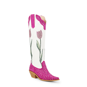 רטוב 2025 oem נשי הבוקרת מגפיים עדינים חושני צבעוני rhinestone מערב הברך-מגפיים גבוהים מט לבן - Product Image 1