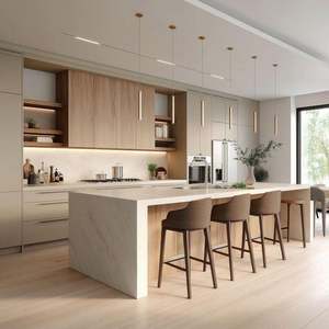 Muebles de Cocina Modernos de Lujo con Acabado en Madera, Gabinetes de Cocina Modulares de Madera Contrachapada/Laca con Tira de Luz LED e Isla de Cuarzo - Product Image 6