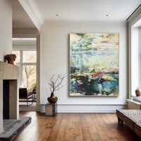 Peinture abstraite texturée sur toile, art mural abstrait atmosphérique, paysage abstrait en bleu et vert pour la maison et la galerie