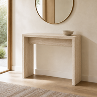 Table console en MDF avec surface en placage à motif travertin, design rectangulaire pour couloir et pieds en panneaux, idéale pour l'entrée.