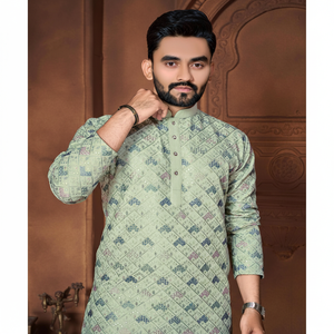 BORDADO DE SEDA ITALIANA A LA MODA Y DIFERENTES COLORES TRABAJO DE HILO KURTA PAYJAMA PARA ROPA DE BODA PARA HOMBRE ROPA ÉTNICA - Product Image 1