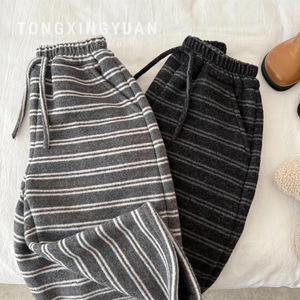 Tongxingyuan Childrens Fleece Lined Pants Gray Black Stripe Knitted Straight Leg Autumn Winter Boys Casual Long Pants - Product Image 1
