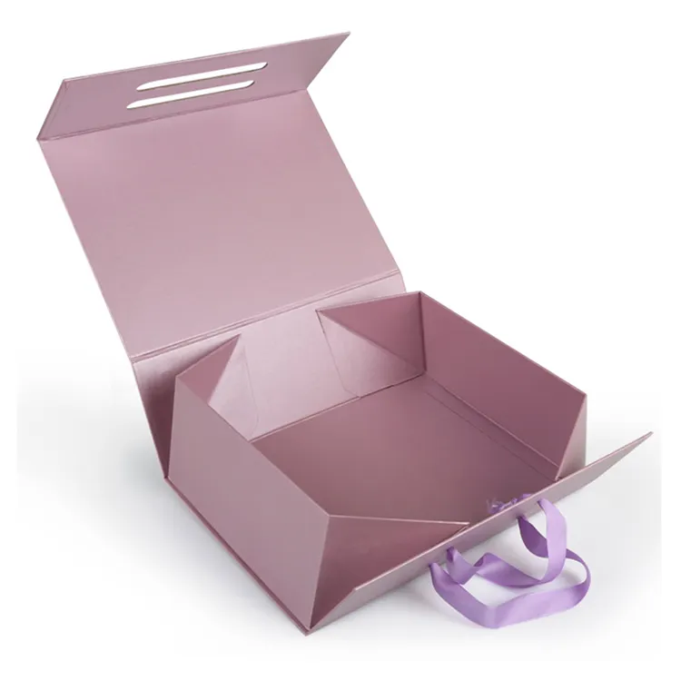 พับสีม่วงมุกแสงแม่เหล็กกล่องของขวัญบรรจุภัณฑ์กล่องกระดาษที่มีด้ามจับริบบิ้นคู่