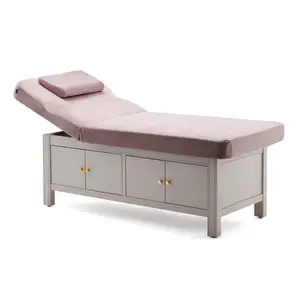 Meja Tempat Tidur Pijat Spa Modern Diskon Besar Furnitur Salon Kecantikan Klinik Tempat Tidur Pijat Wajah Kayu dengan Penyimpanan